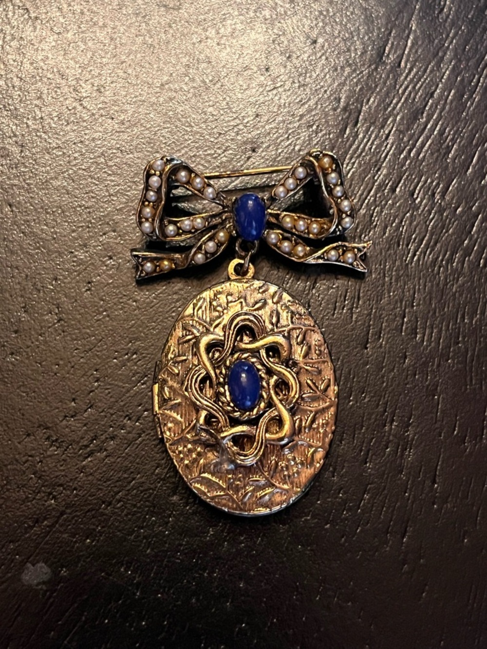 Vintage Gold Bow Filigree Locket Pendant with Blue Cabochon and Seed Pearls